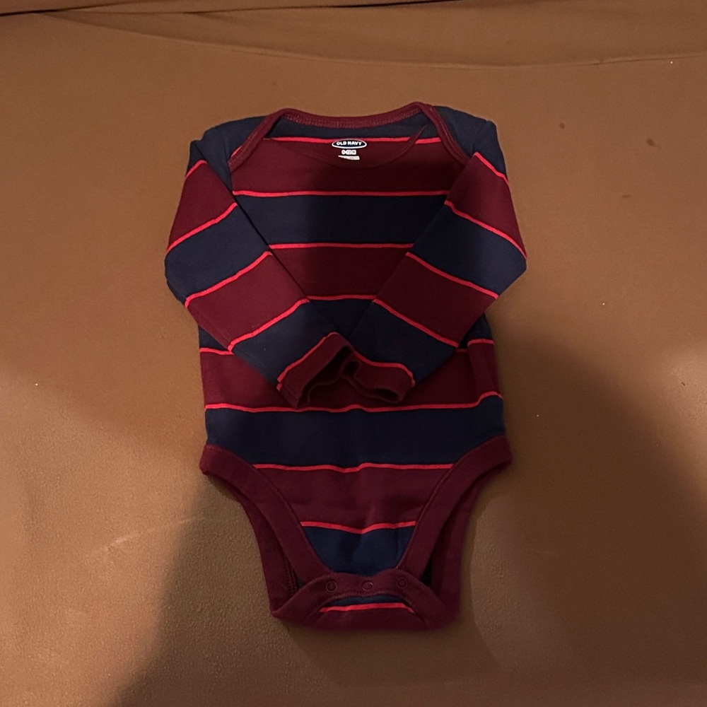 Striped Long-Sleeve One-Piece Bodysuit - Navy & Burgundy